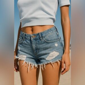 RISE Supply Co High Rise Distressed Denim Cutoff Shorts Size 0 Raw Hem Festival